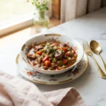 Jamaican stew pork recipe served in dark mahogany gravy with carrots and peppers on a floral plate