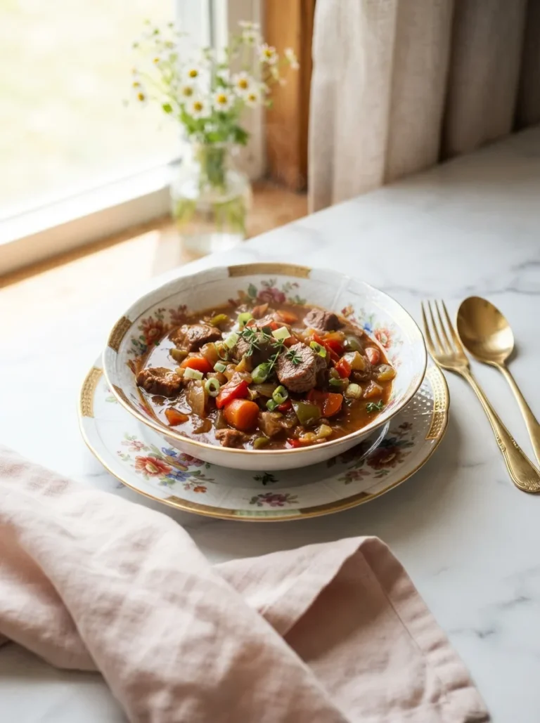Jamaican stew pork recipe served in dark mahogany gravy with carrots and peppers on a floral plate