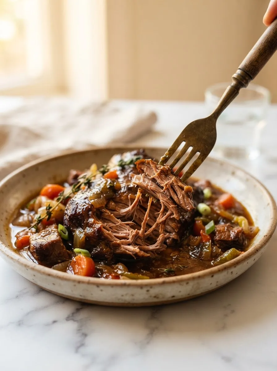 Fork pulling apart tender braised pork showing fall-apart texture in dark gravy
