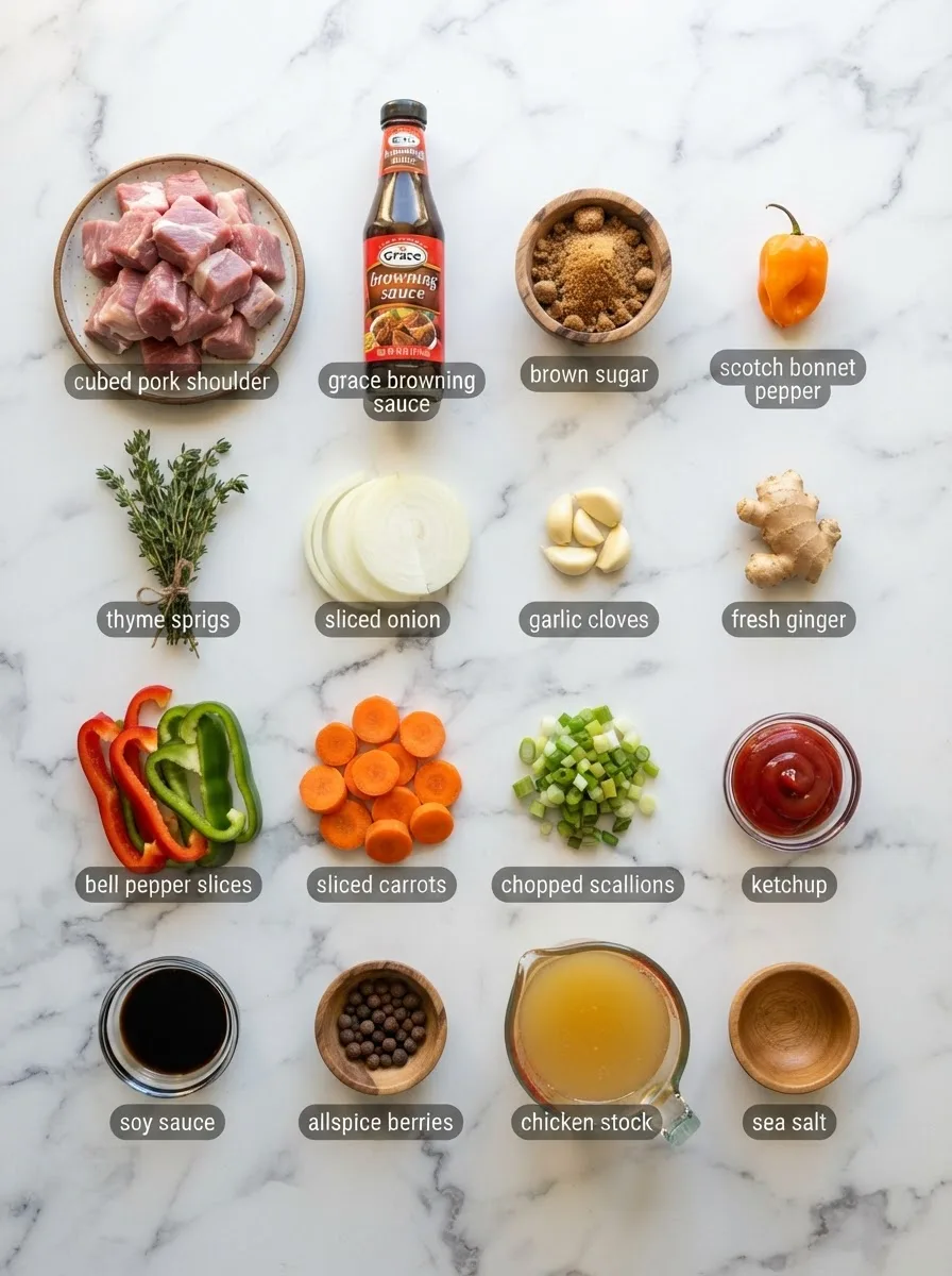 Ingredients for jamaican stew pork recipe measured into bowls: pork shoulder, scotch bonnet, browning sauce