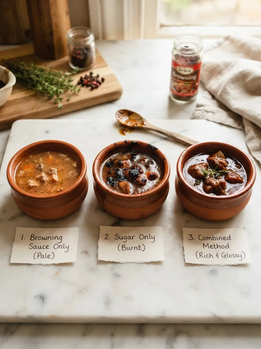 Three pots comparing thin, burnt, and glossy mahogany brown stew pork gravy side by side