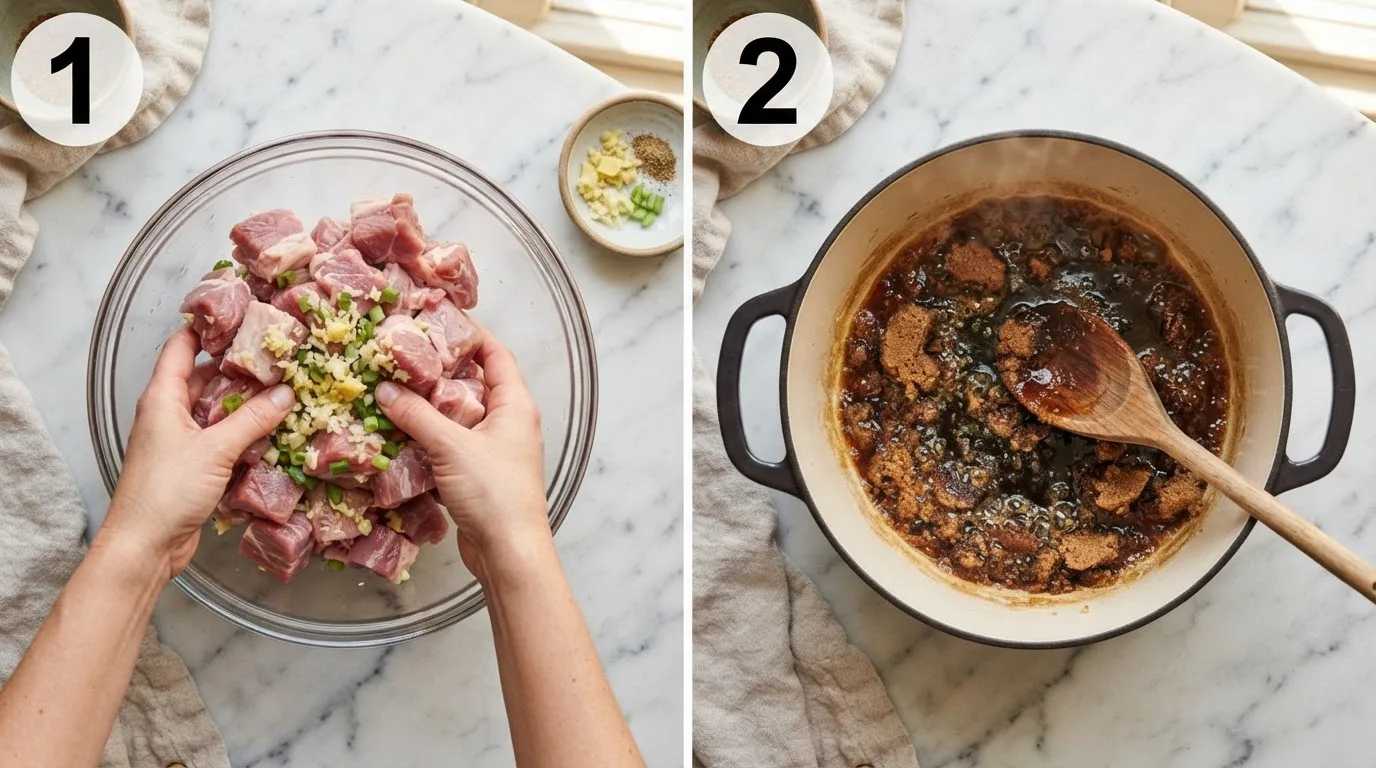 Hands tossing raw pork cubes with garlic and ginger in a glass marinating bowl / Brown sugar caramelizing to deep amber in a hot Dutch oven with wooden spoon