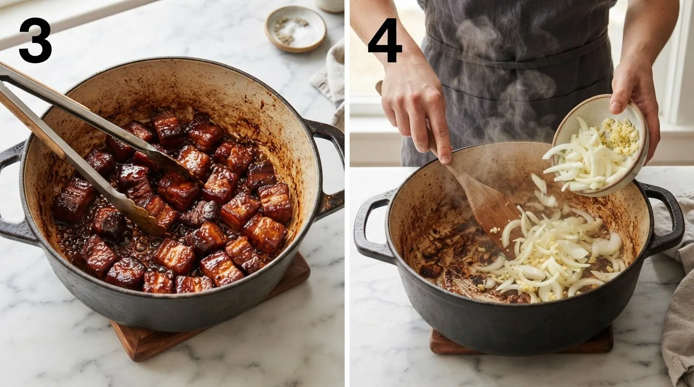 Tongs turning seared pork cubes coated in dark mahogany caramelized sugar / Sliced onions and garlic added to Dutch oven to deglaze browned pork bits