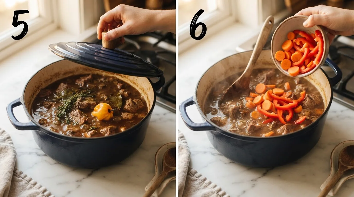 Dutch oven simmering pork in dark gravy with whole scotch bonnet pepper visible / Sliced carrots and bell peppers added into simmering brown stew pork