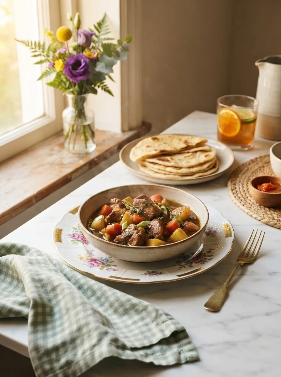 Jamaican brown stew pork served alongside sliced roti on a warmly styled table