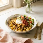 Loaded potato taco bowl with crispy roasted potatoes, seasoned beef, and melted cheddar