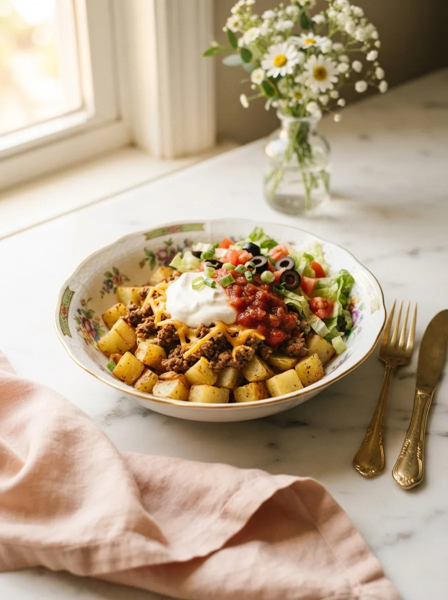 Loaded potato taco bowl with crispy roasted potatoes, seasoned beef, and melted cheddar