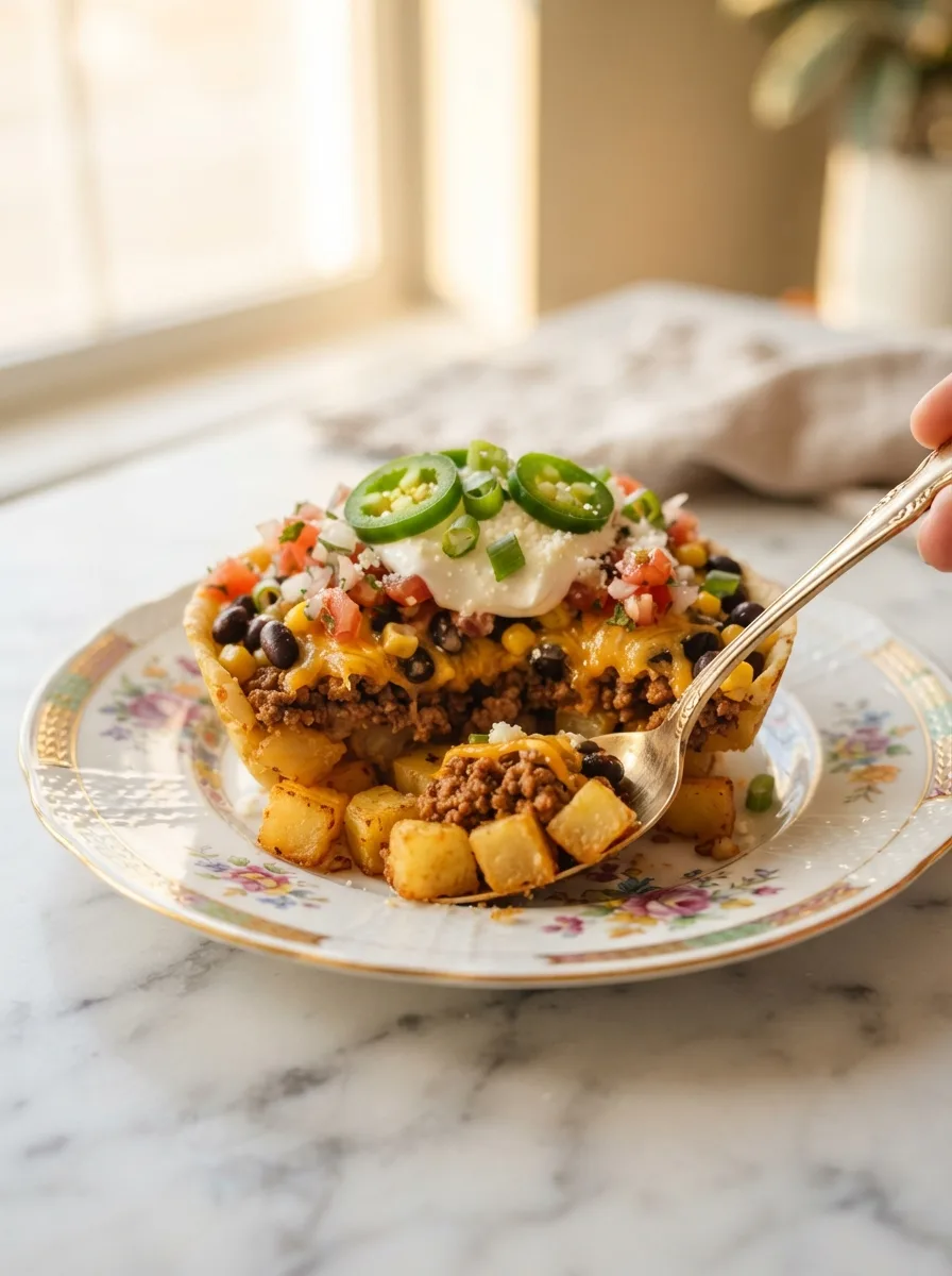 Cross-section of taco potato bowl showing crispy potato layer under beef and cheese