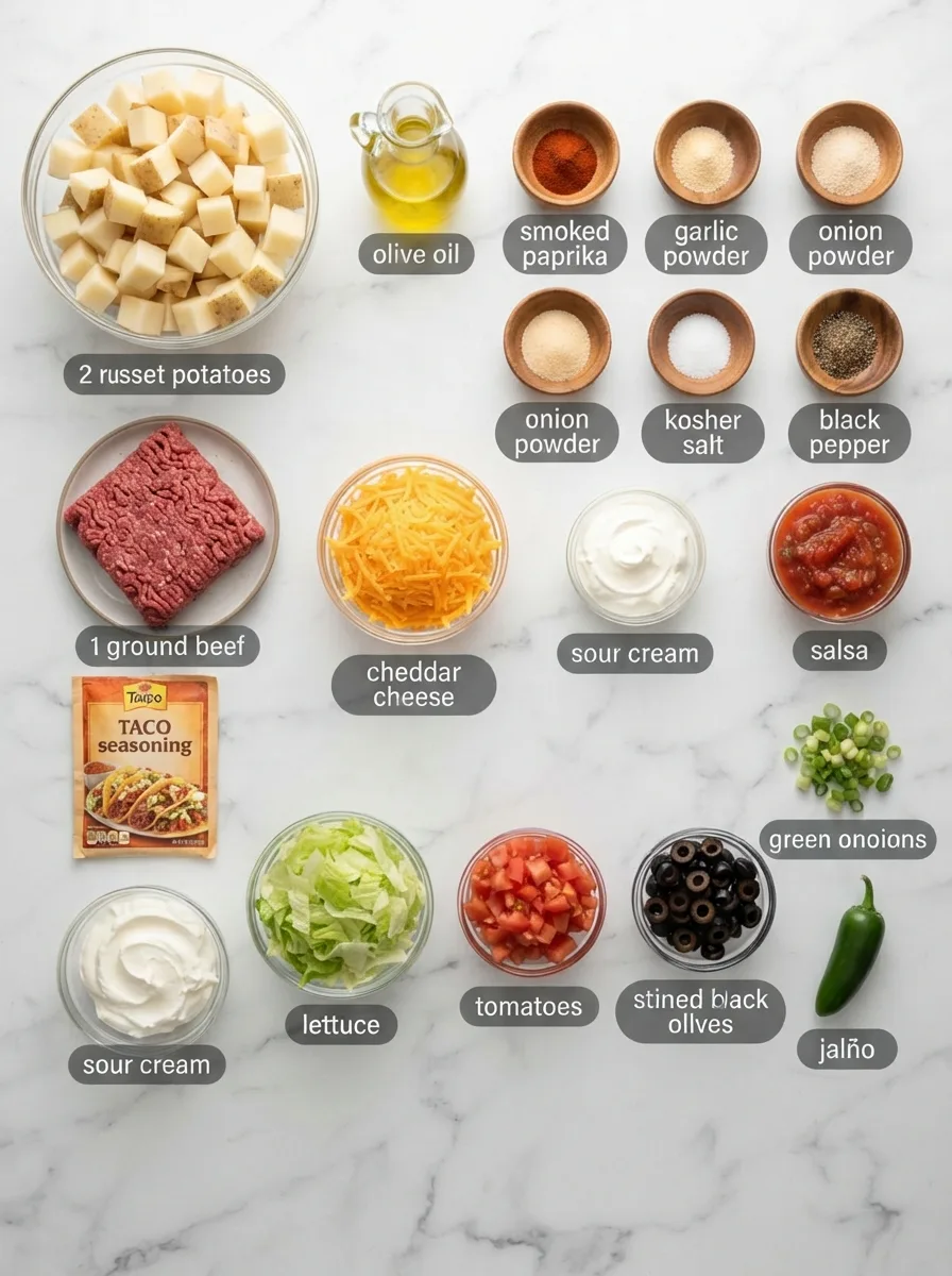 Ingredients for loaded potato taco bowl including potatoes, ground beef, cheddar, and salsa