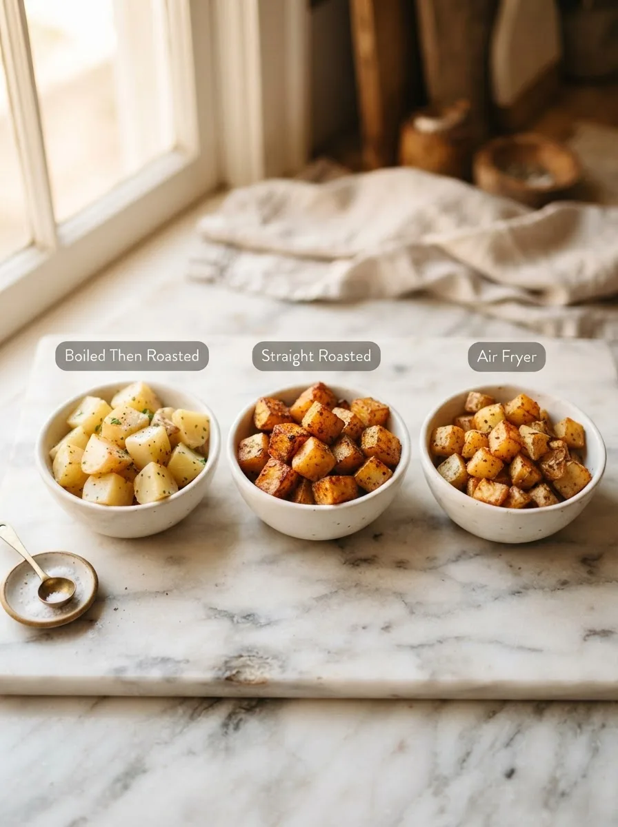 Comparison of three potato cooking methods showing crispiness differences for taco bowl