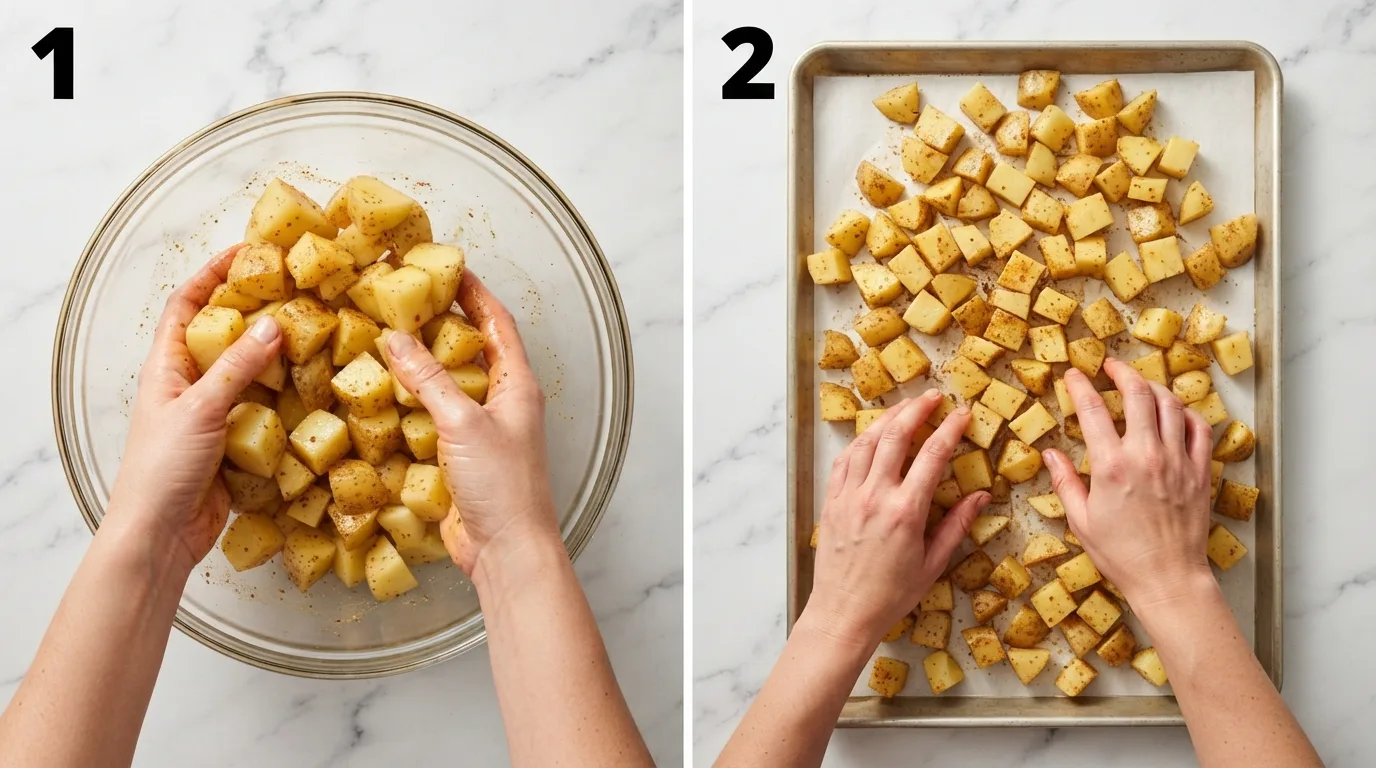 Tossing diced potatoes with olive oil and smoked paprika in a glass bowl / Spreading seasoned potato cubes into a single layer on a sheet pan