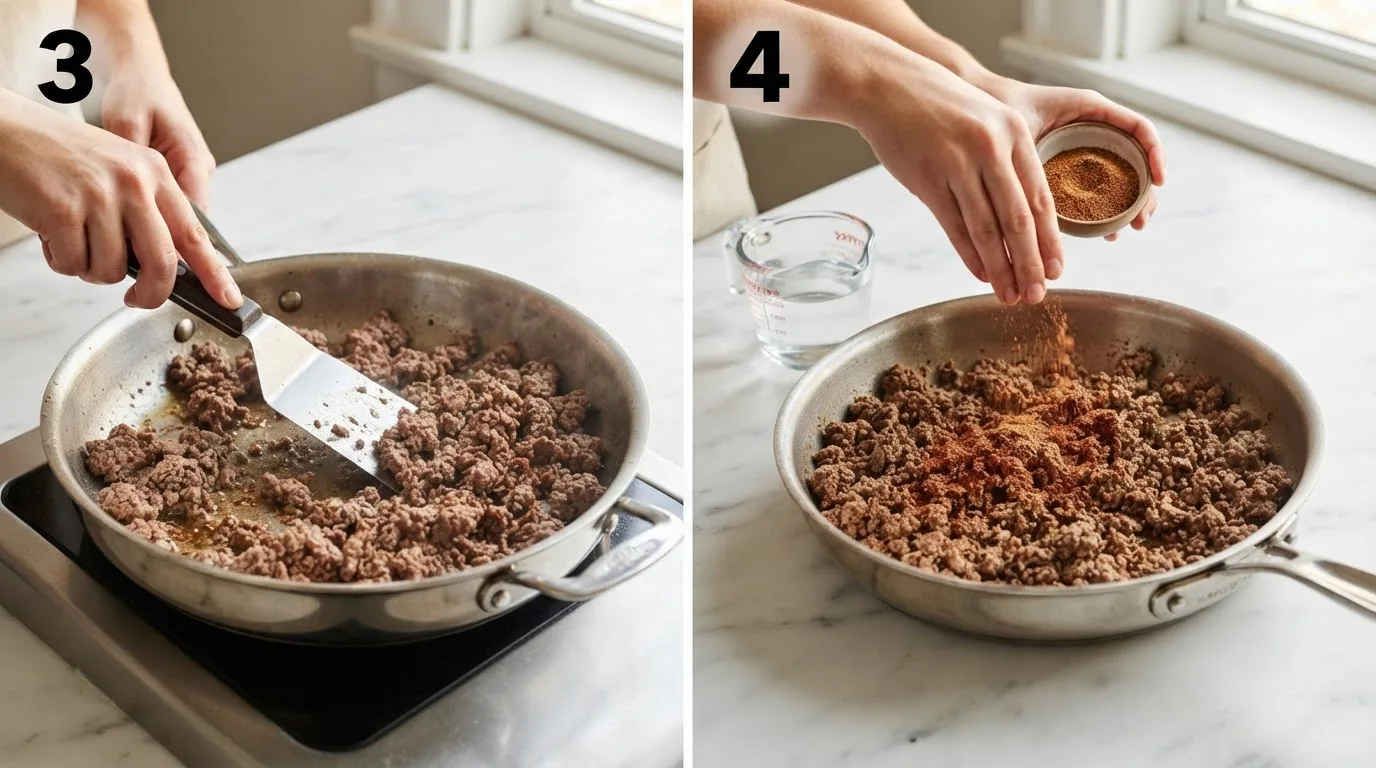 Browning ground beef in a skillet for loaded potato taco bowl / Adding taco seasoning and water to browned ground beef in a skillet