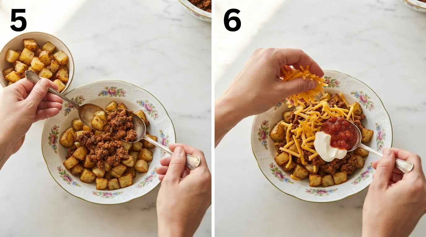 Layering crispy potatoes and taco meat into a bowl / Topping loaded potato taco bowl with cheese, sour cream, and salsa