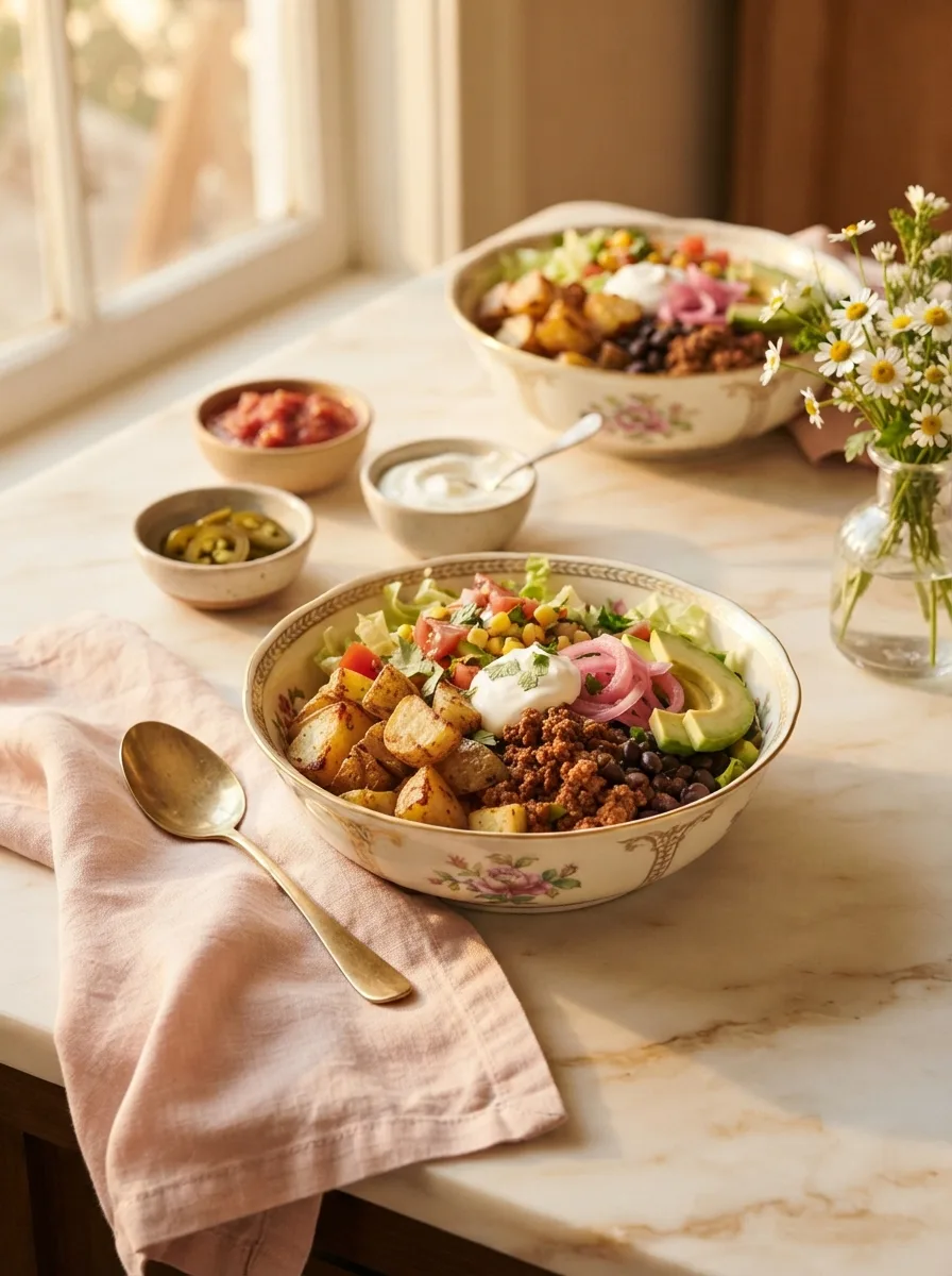 Loaded potato taco bowl table scene with fresh toppings and warm lighting