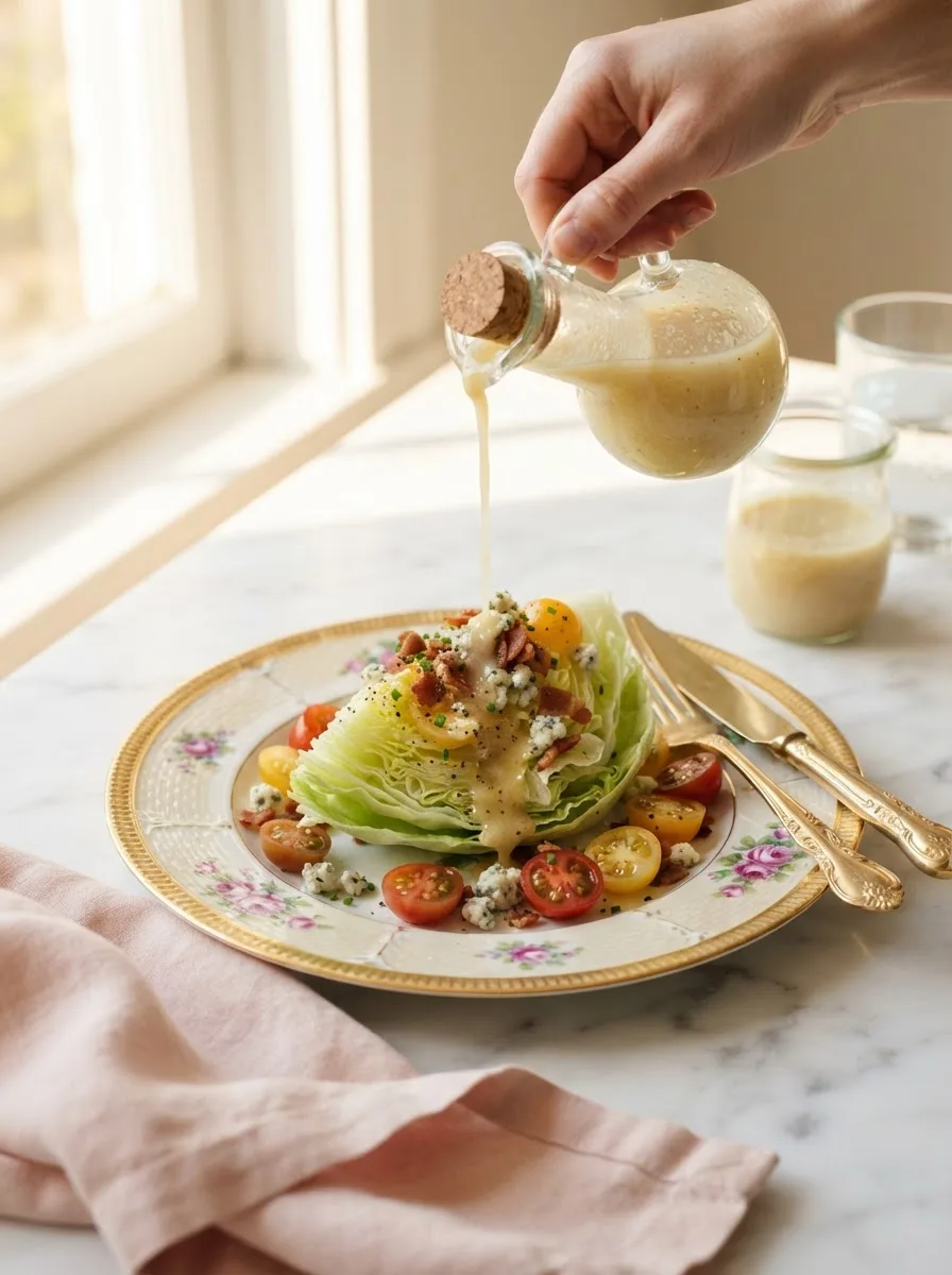 Longhorn white balsamic vinaigrette poured over a crisp wedge salad on a gold-rim plate