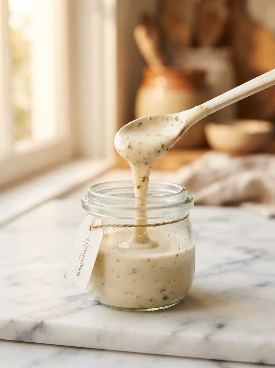Spoon lifting creamy emulsified white balsamic vinaigrette from a glass jar