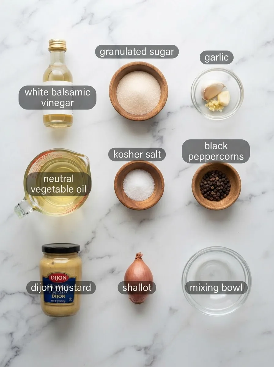 Ingredients for longhorn white balsamic vinaigrette flat lay on white marble