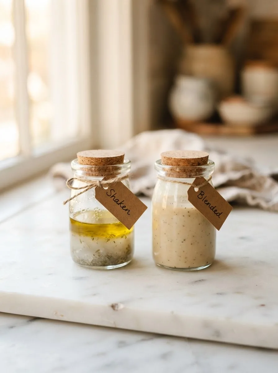 Shaken versus blended vinaigrette showing separated oil layer compared to creamy emulsion
