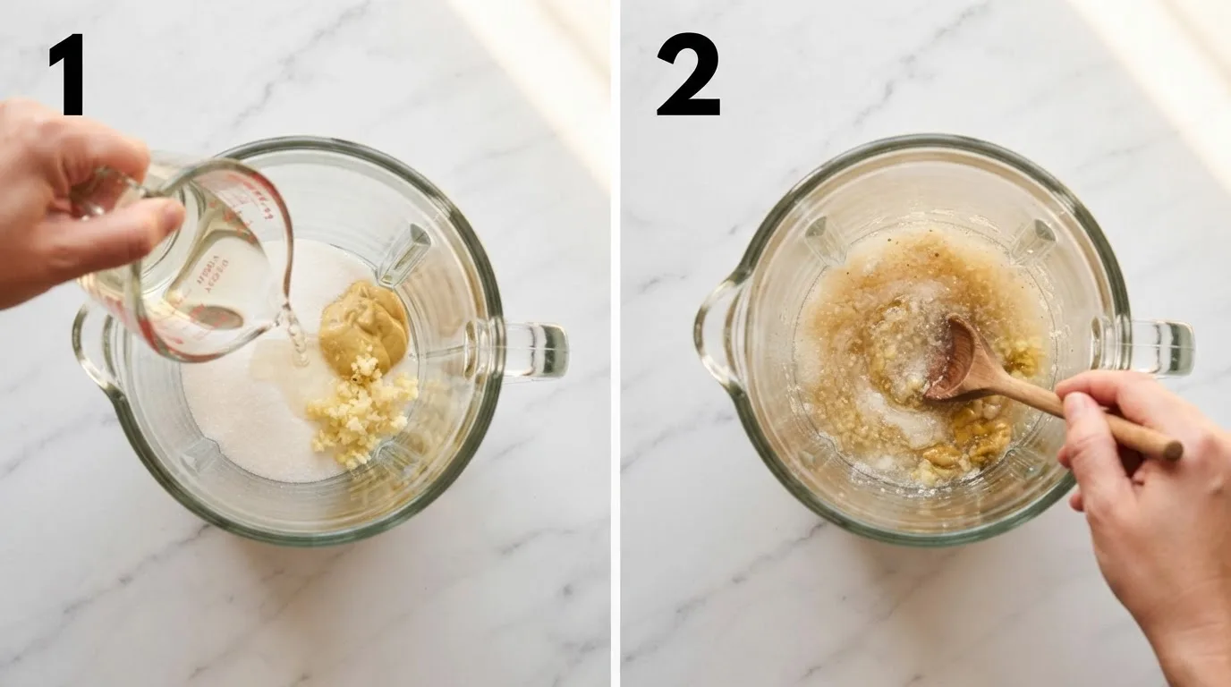 Pouring white balsamic vinegar into a blender with sugar and mustard / Stirring vinegar and sugar mixture as sugar begins to dissolve