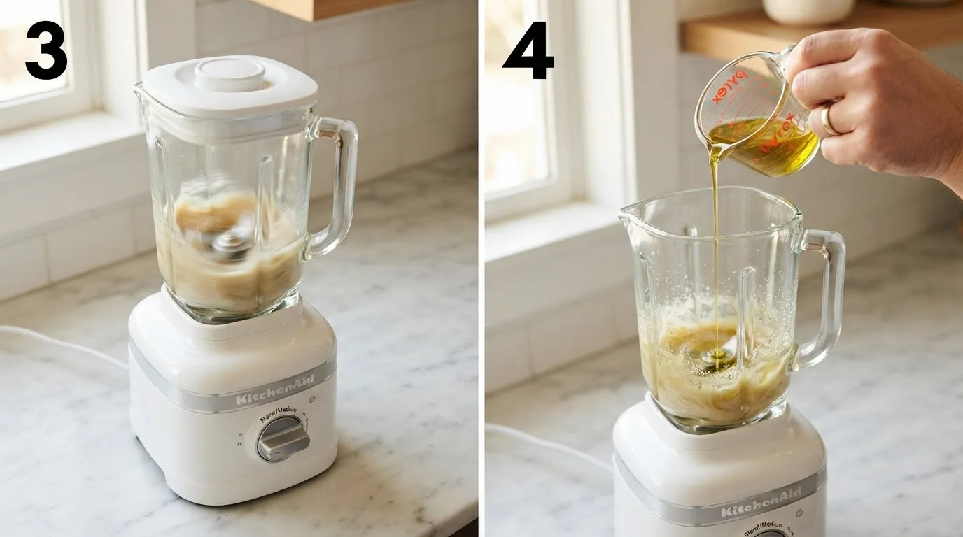 Blender running with vinegar and mustard base for vinaigrette / Streaming oil into running blender to build the emulsion