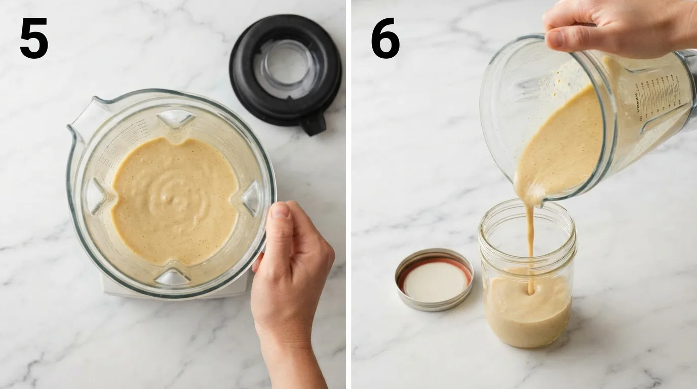 Finished pale gold creamy white balsamic vinaigrette in a blender / Pouring finished vinaigrette into a glass storage jar