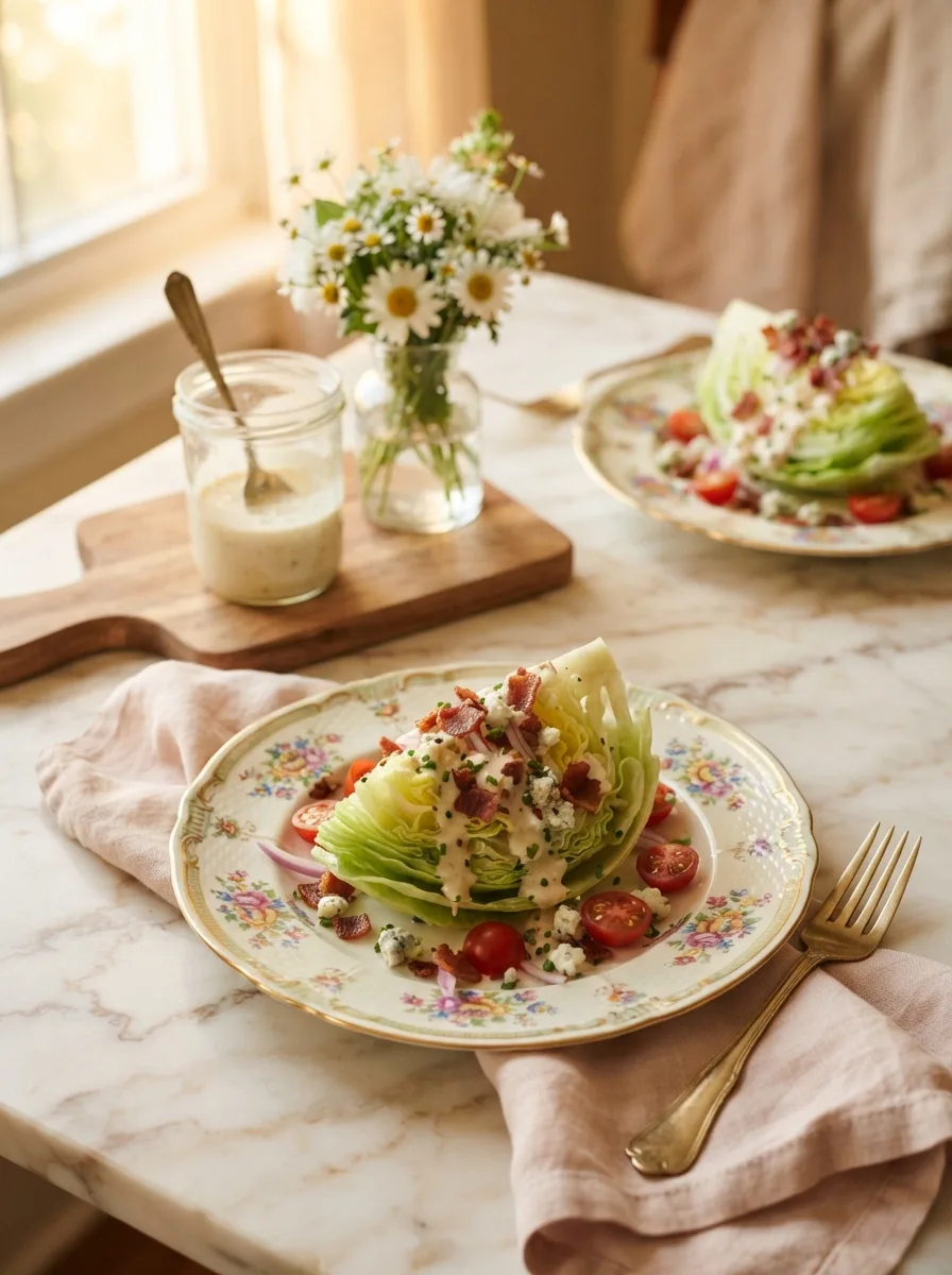 Styled table scene with wedge salad and jar of white balsamic vinaigrette