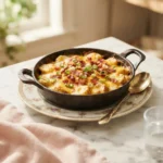 Golden mission bbq cheesy potatoes recipe topped with crispy bacon and green onions in a skillet