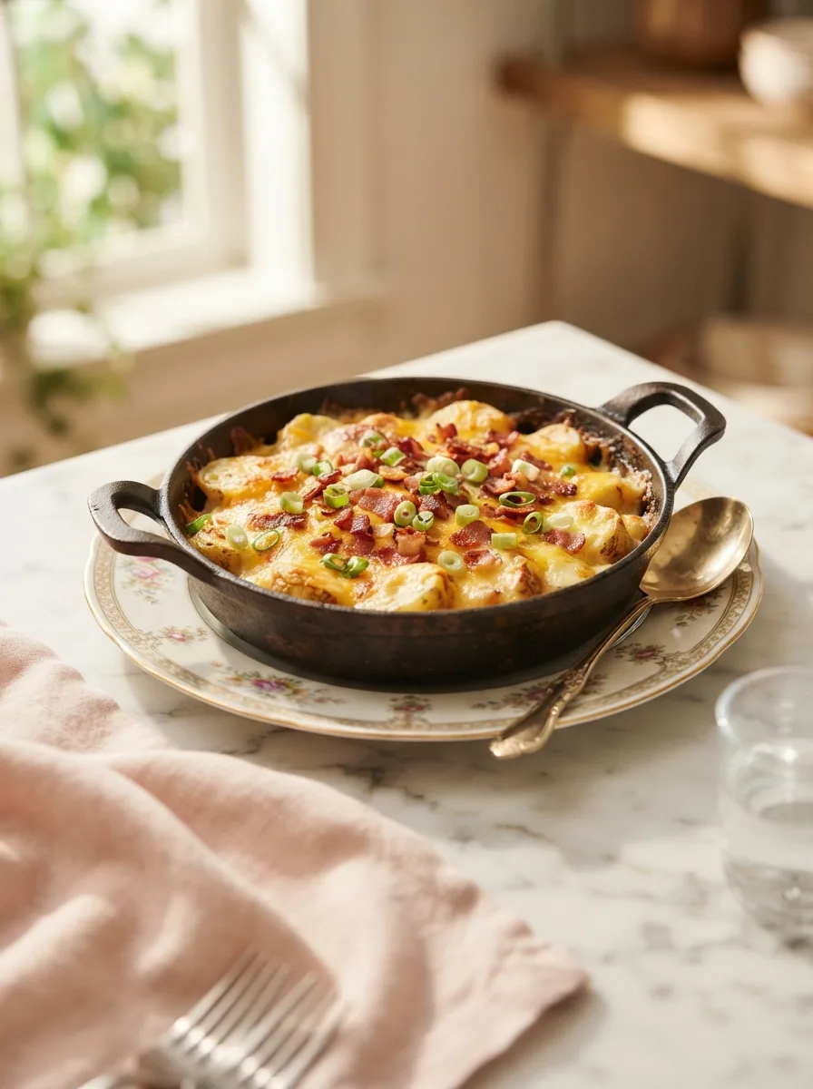 Golden mission bbq cheesy potatoes recipe topped with crispy bacon and green onions in a skillet