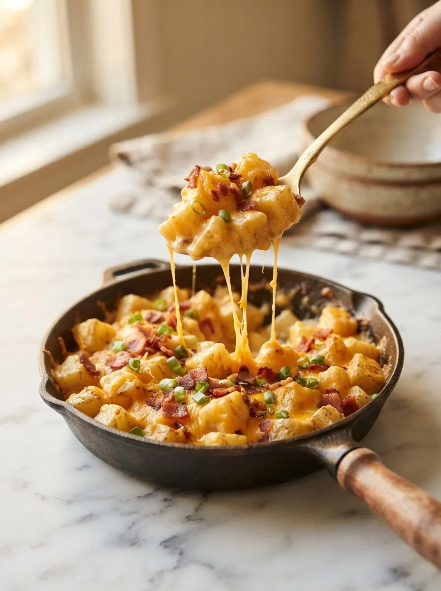 Cheese sauce stretching from a spoonful of cheesy potato casserole with visible bacon bits