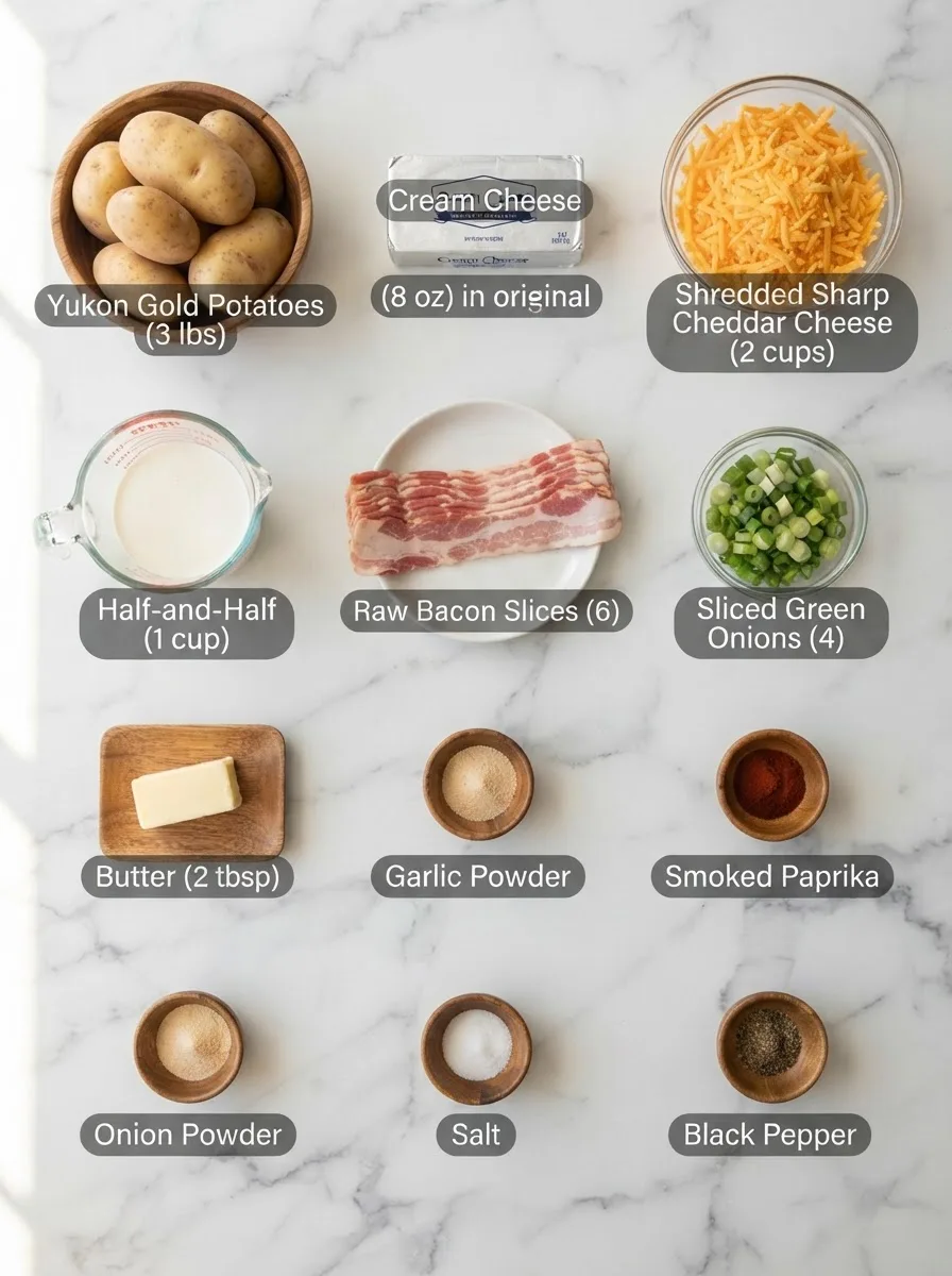 Ingredients for mission bbq cheesy potatoes recipe including cheddar, cream cheese, and bacon