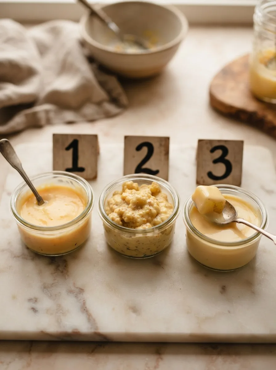 Three cheese sauce consistency tests comparing thin, gluey, and smooth results