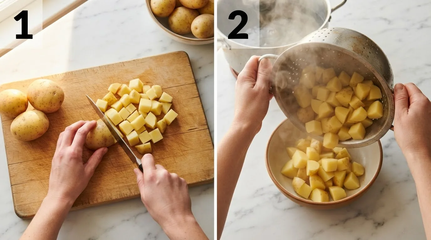 Cutting Yukon gold potatoes into even half-inch cubes on a wood board / Draining boiled potato cubes in a colander with steam rising