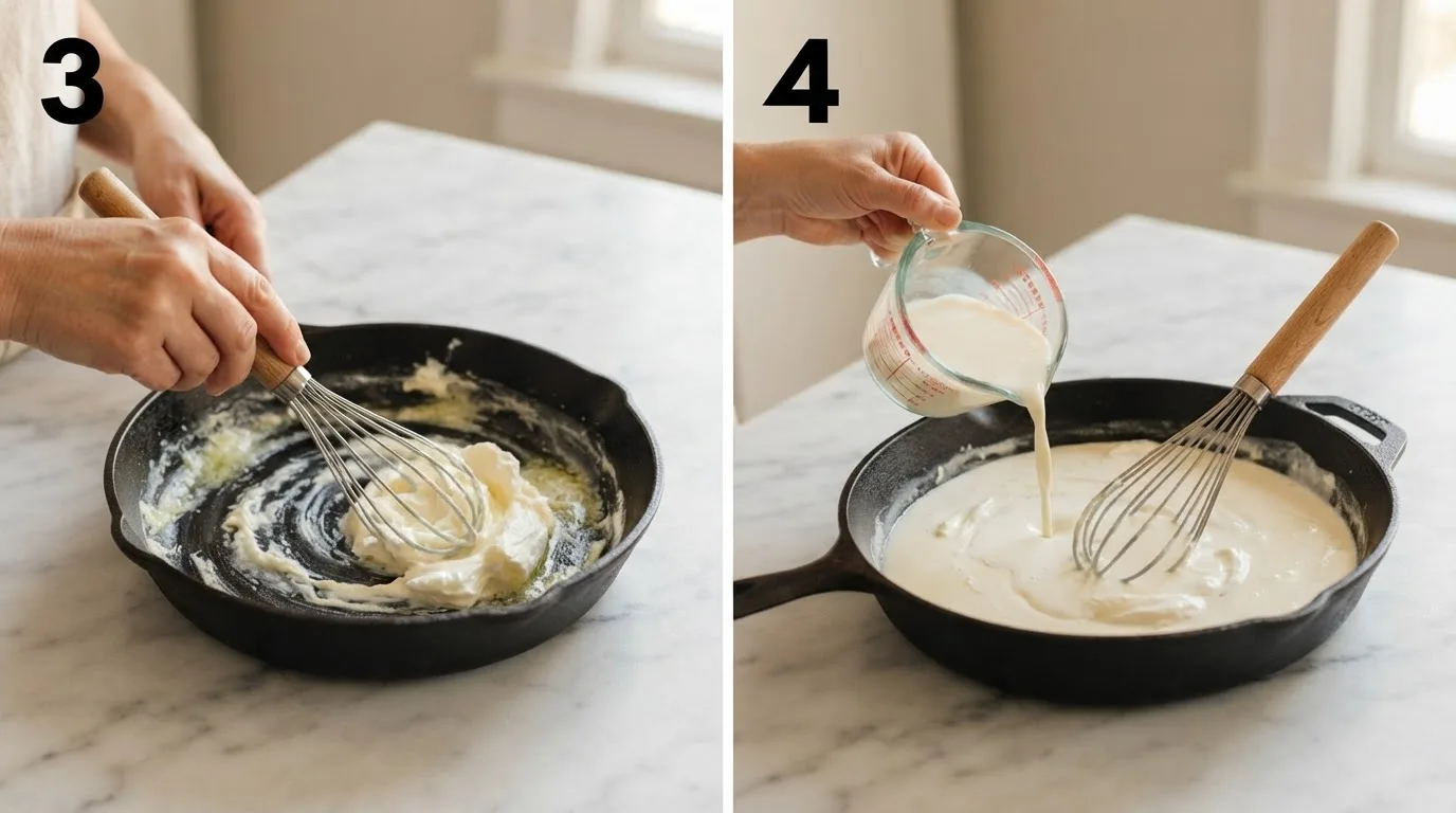 Whisking cream cheese and butter together until smooth in a skillet / Pouring half-and-half into cream cheese mixture for cheese sauce