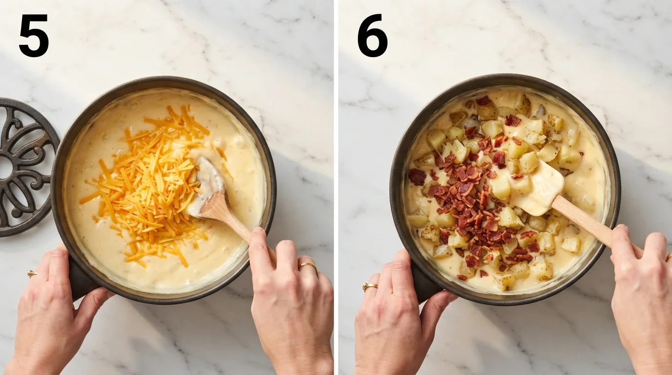 Stirring shredded cheddar into hot cheese sauce off direct heat / Folding boiled potato cubes and bacon into cheese sauce with a spatula