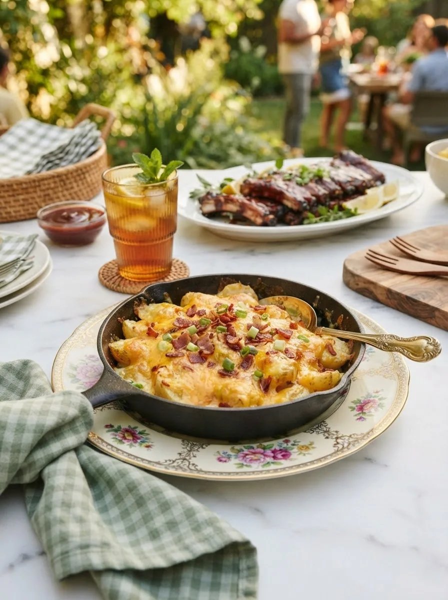Mission bbq cheesy potatoes served at a backyard cookout table with ribs and iced tea
