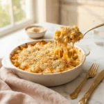 Golden no egg baked mac and cheese in a white dish with a crisp panko topping and cheese pull