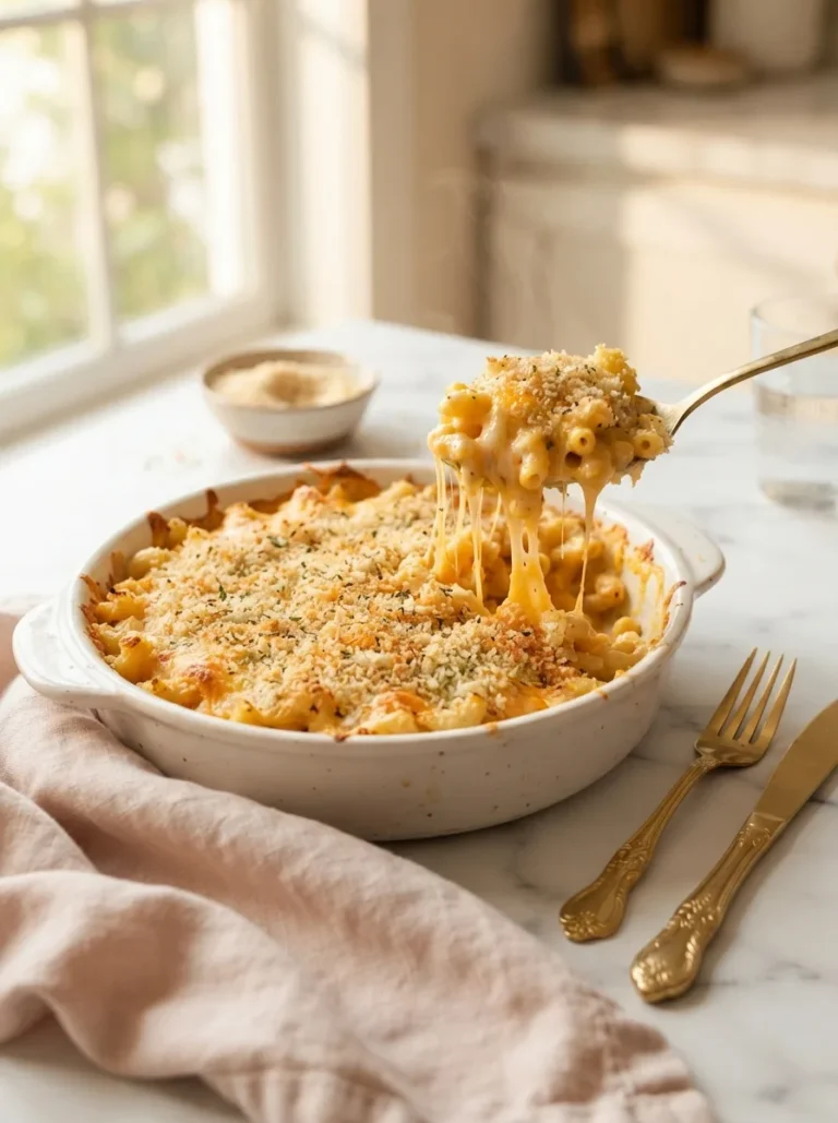Golden no egg baked mac and cheese in a white dish with a crisp panko topping and cheese pull
