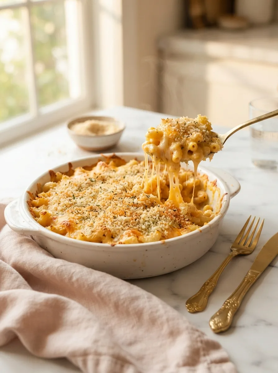 Golden no egg baked mac and cheese in a white dish with a crisp panko topping and cheese pull