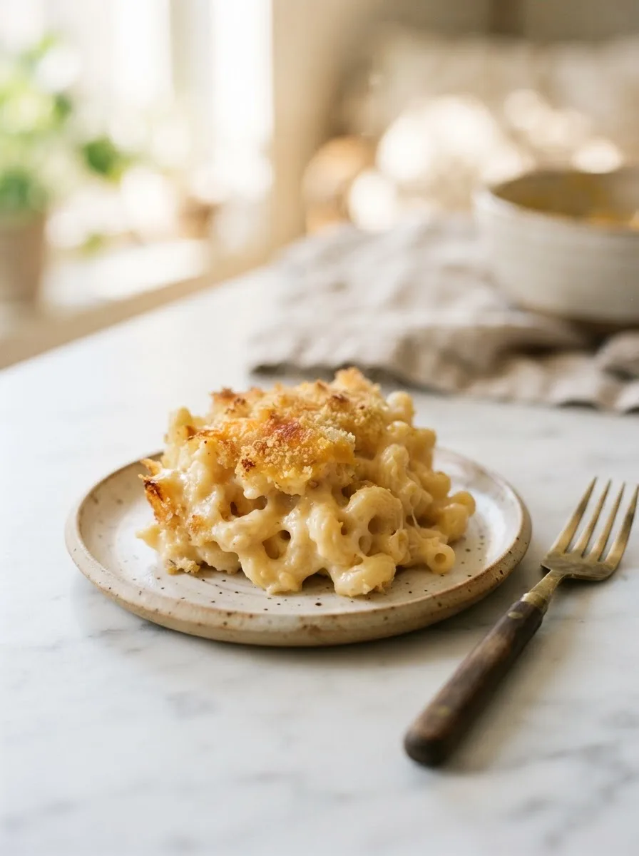 Close-up of creamy no egg baked mac and cheese sauce coating elbow macaroni