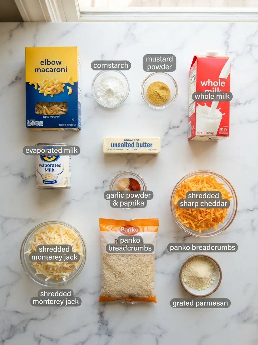 Ingredients for no egg baked mac and cheese including cornstarch, milk, and three cheeses