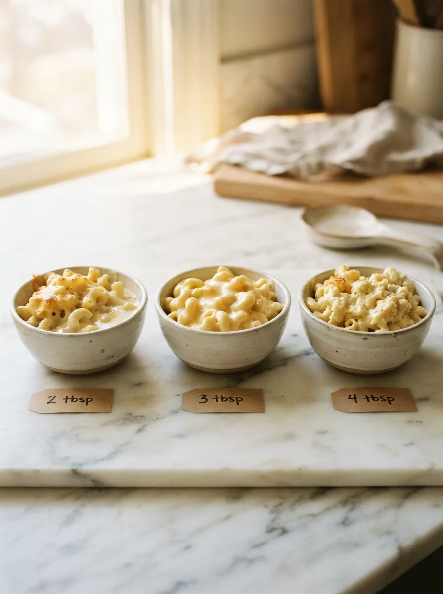 Cornstarch sauce comparison for no egg baked mac and cheese at three thickness levels