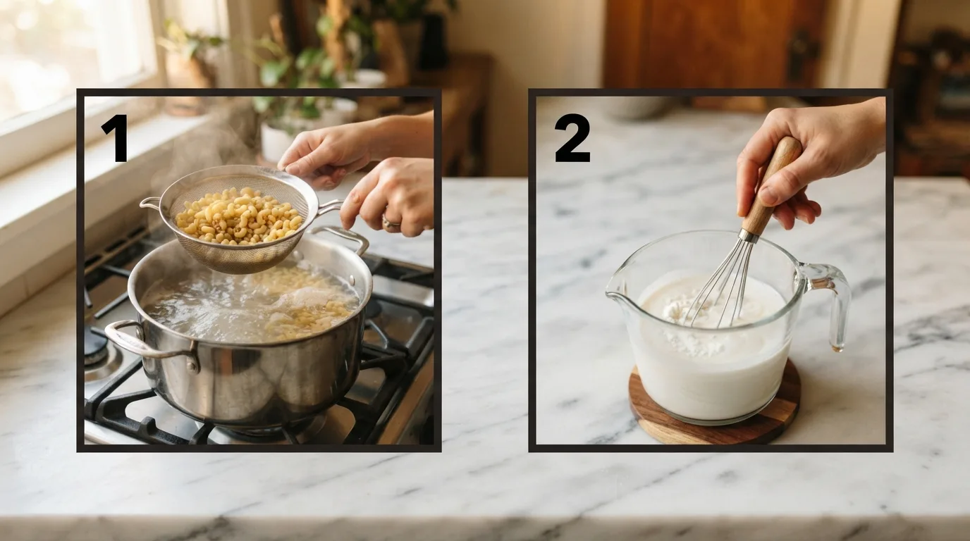 Adding elbow macaroni to boiling salted water / Whisking cornstarch into cold milk until smooth