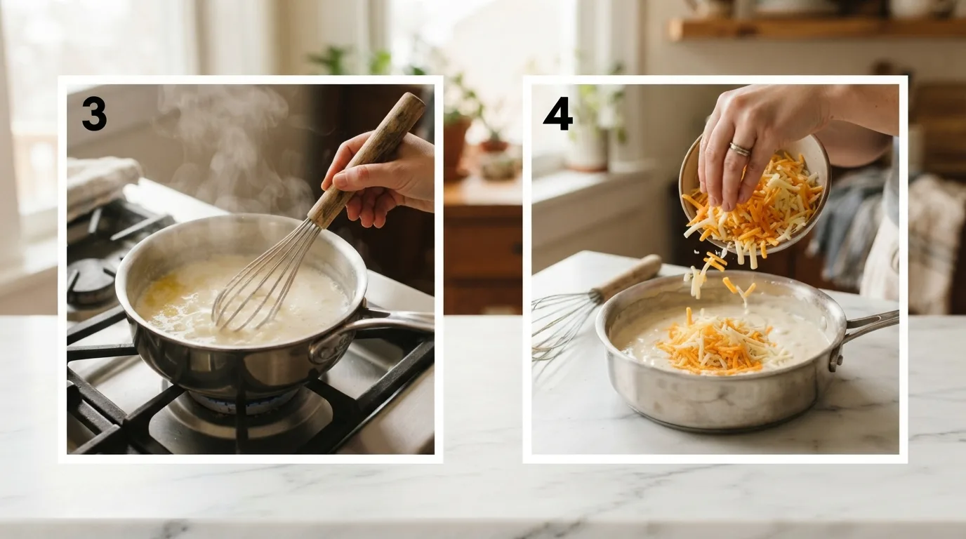 Whisking a thickened cornstarch-based cheese sauce base in a saucepan / Sprinkling shredded cheddar into the warm sauce off the heat