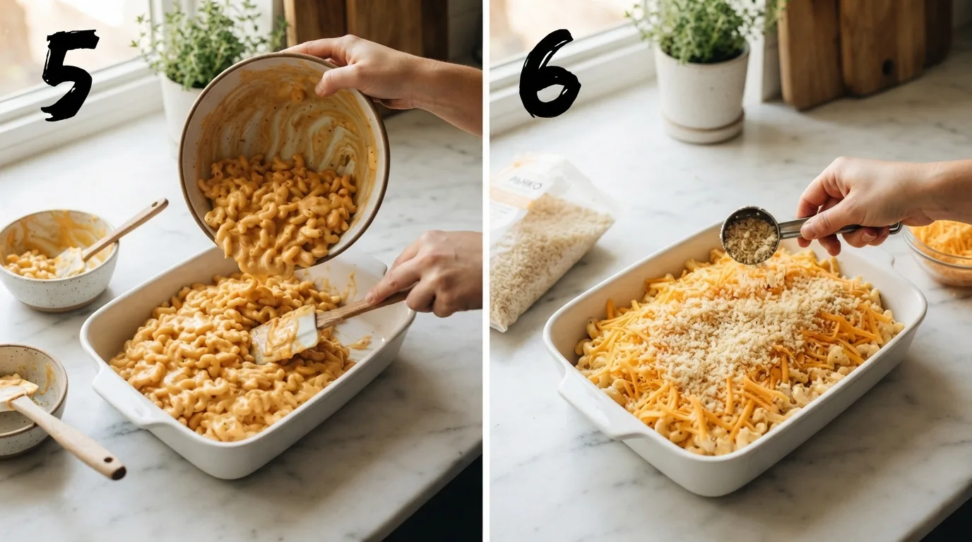 Spreading sauced macaroni evenly into a baking dish / Scattering panko breadcrumbs over the top before baking
