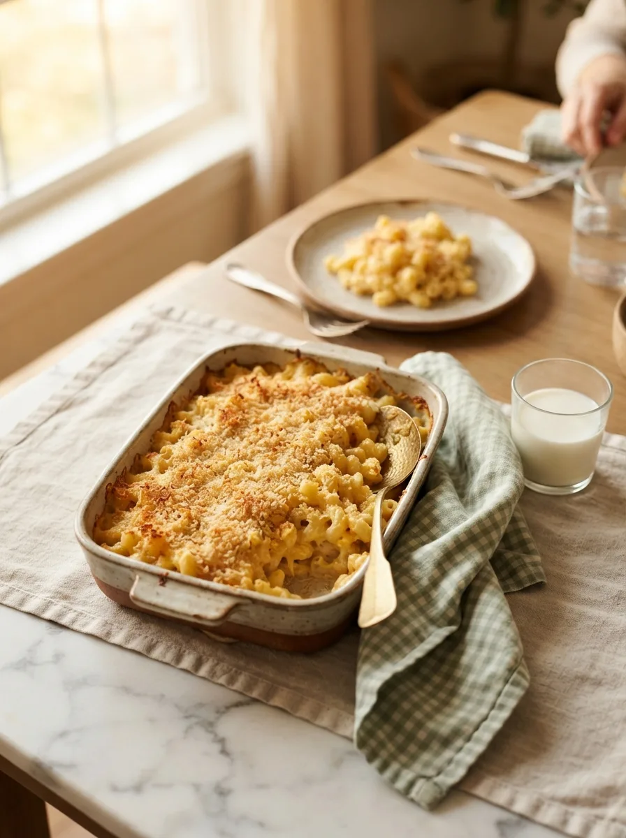 No egg baked mac and cheese served at a casual dinner table setting