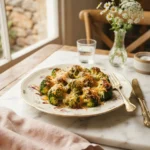 Golden melted cheddar and parmesan over tender outback restaurant broccoli recipe on a floral gold-rim plate