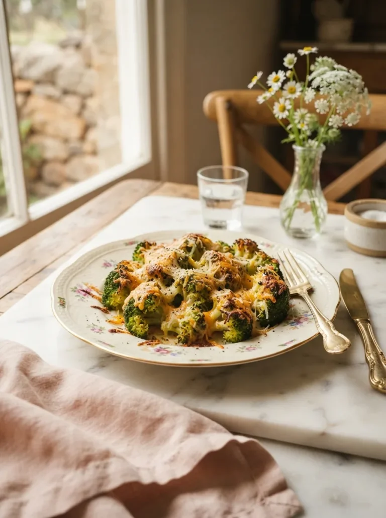 Golden melted cheddar and parmesan over tender outback restaurant broccoli recipe on a floral gold-rim plate