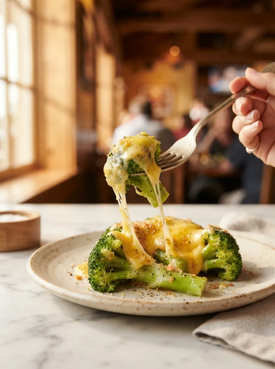 Fork lifting a cheesy broccoli floret showing melted cheddar stretching over a bright green stalk