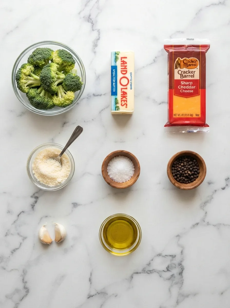 Ingredients for outback restaurant broccoli recipe arranged on marble: broccoli, cheddar, parmesan, butter