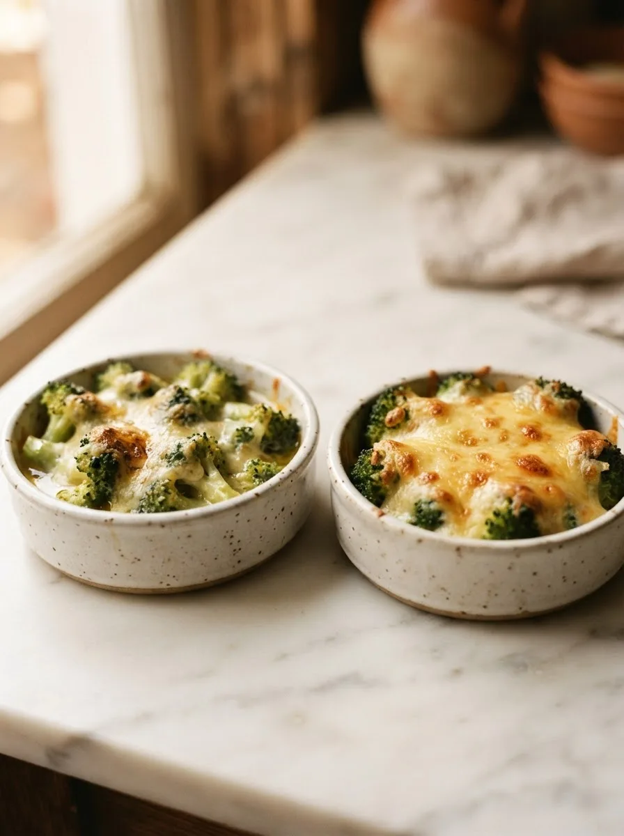 Comparison of oily bagged cheese versus smooth freshly shredded cheddar on broiled broccoli